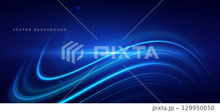 Blue light glowing curved rays on dark background. 129950050