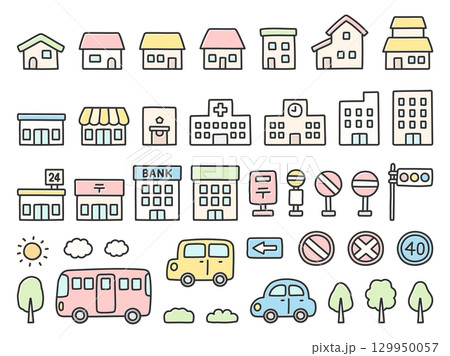家と建物と車の手描きイラストセット 129950057