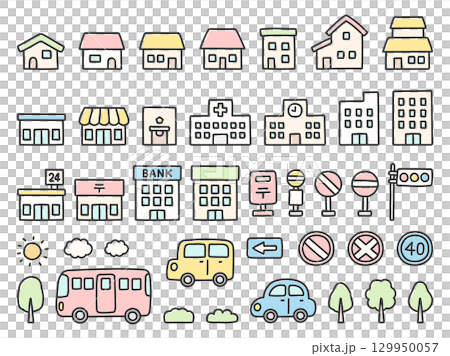 手繪插圖集房屋、建築物和汽車 129950057