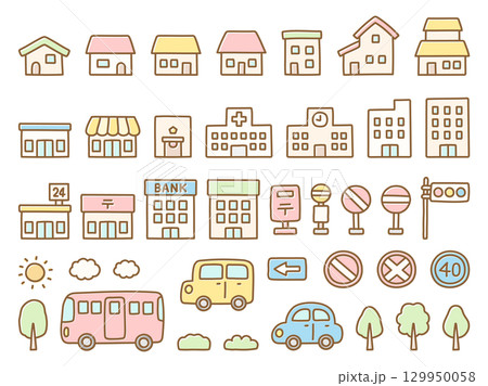 家と建物と車の手描きイラスト 129950058