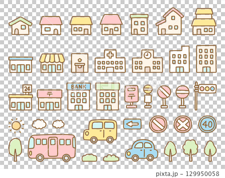 家と建物と車の手描きイラスト 129950058
