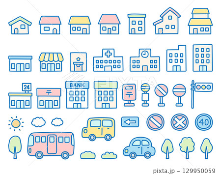 家と建物と車の手描きイラストのセット 129950059