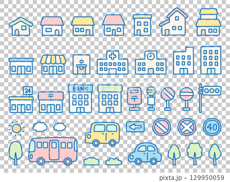 房屋、建築物和汽車的手繪插圖集 129950059
