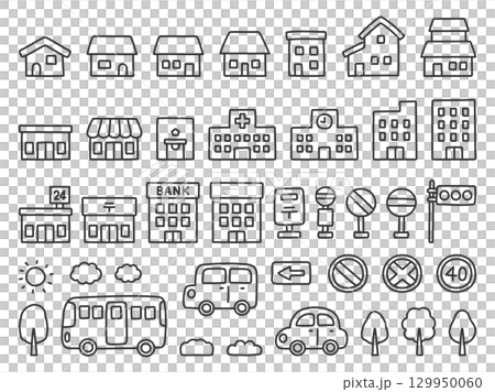 手繪插圖集房屋、建築物和汽車 129950060