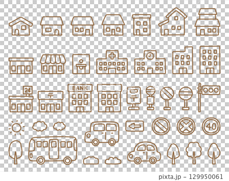 房屋、建築物和汽車插圖集 129950061