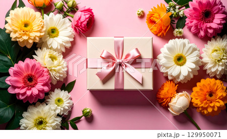 ピンク背景にギフトボックスと豪華な花束 129950071