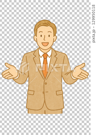 説明をする男性ビジネスマンのイラスト(スーツ・切り抜き) 説明をする男性ビジネスマンのイラスト(スーツ・切り抜き) 129950118