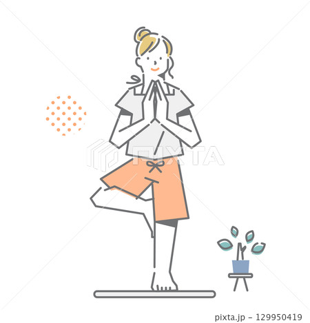 穏やかな気持ちでヨガのポーズをとる女性　シンプルでお洒落な線画イラスト 129950419