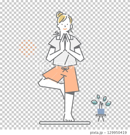 穏やかな気持ちでヨガのポーズをとる女性　シンプルでお洒落な線画イラスト 129950419