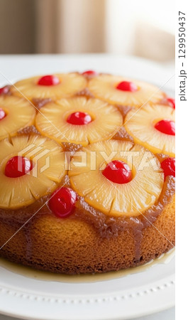 Pineapple upside down cake with cherries a classic and delicious homemade dessert 129950437
