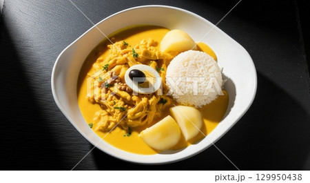 Peruvian aji de gallina a creamy chicken stew served with rice potatoes egg and black olives 129950438