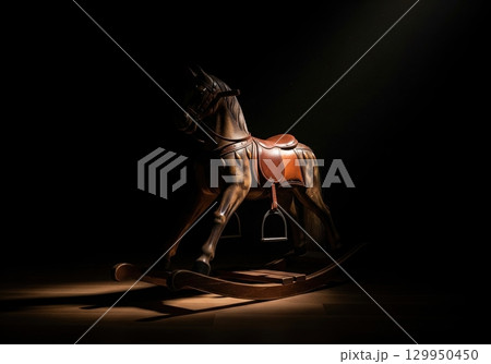 Vintage wooden rocking horse with a leather saddle in a dark room illuminated by a spotlight 129950450