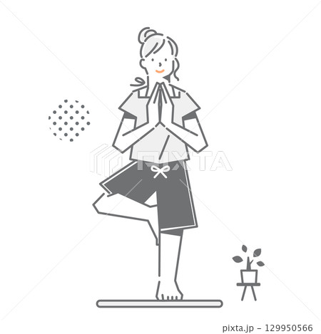 穏やかな気持ちでヨガのポーズをとる女性　シンプルでお洒落な線画イラスト 129950566