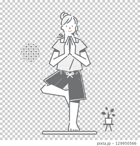 穏やかな気持ちでヨガのポーズをとる女性　シンプルでお洒落な線画イラスト 129950566