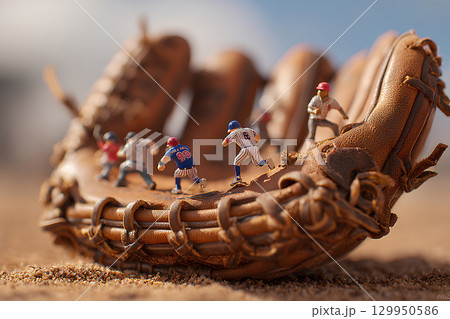 巨大なグローブと野球選手たち（ジオラマ） 129950586