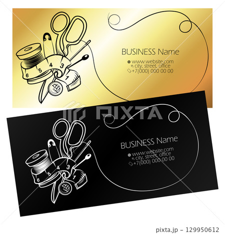 Gold and black business card concept for sewing and cutting salon 129950612