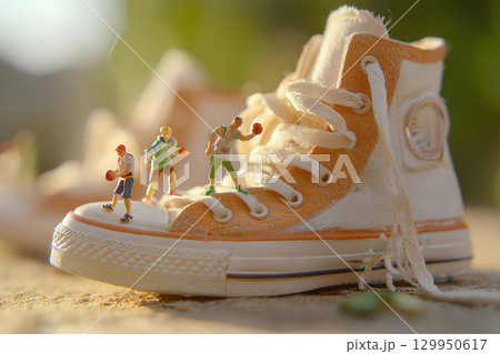 巨大なシューズとバスケットボールの選手たち(ジオラマ) 巨大なシューズとバスケットボールの選手たち(ジオラマ) 129950617