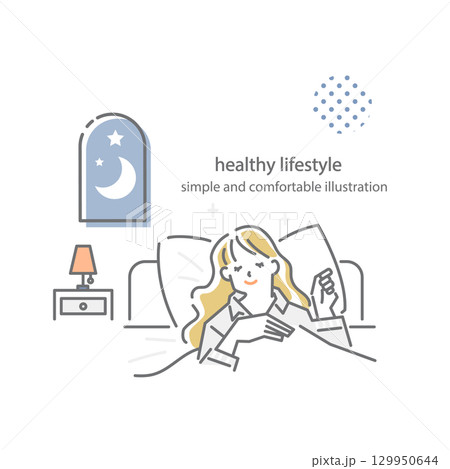 穏やかに眠る女性　シンプルでお洒落な線画イラスト 129950644
