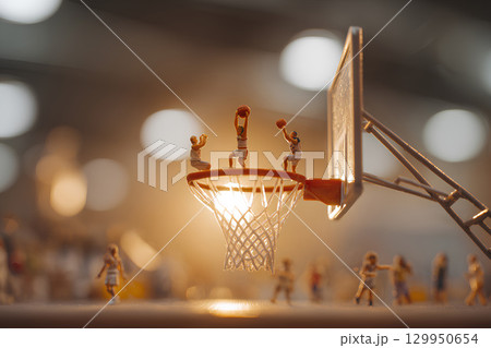 巨大なバスケットボールのゴールと練習風景(ジオラマ) 巨大なバスケットボールのゴールと練習風景(ジオラマ) 129950654