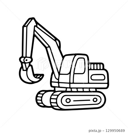 Excavator working on construction site during daylight hours with busy machinery and ongoing projects 129950689