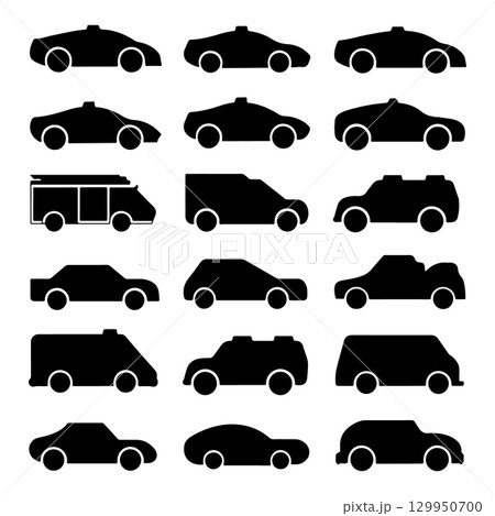 Various silhouettes of different vehicle types lined up in a creative arrangement 129950700