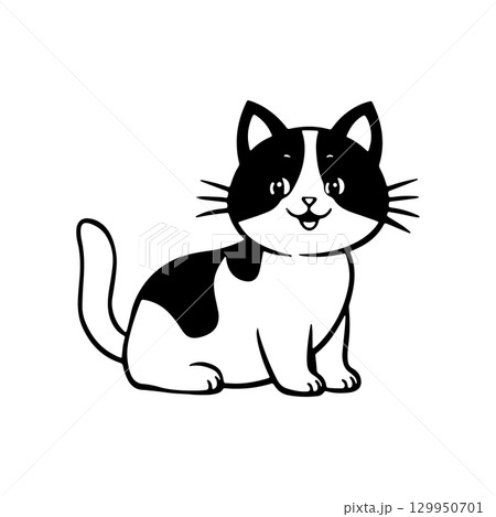 Cute black and white cartoon cat sitting happily with a playful expression in a simplistic style 129950701