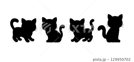 Silhouettes of playful cats showcasing different poses and actions against a white background 129950702