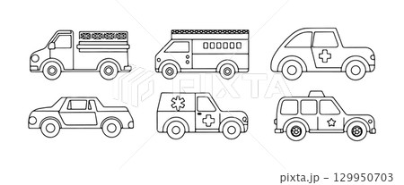 Emergency response vehicles illustrated in a simple line art style, showcasing various designs and functions in one view Emergency response vehicles illustrated in a simple line art style, showcasing various designs and functions in one view 129950703
