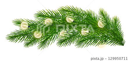 Realistic coniferous branch, spruce twigs with bright Christmas lights. Christmas tree branches with garland round electric bulbs. For Xmas, New Year posters, holiday decorations. Vector illustration Realistic coniferous branch, spruce twigs with bright Christmas lights. Christmas tree branches with garland round electric bulbs. For Xmas, New Year posters, holiday decorations. Vector illustration 129950711