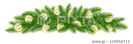 Christmas border of realistic green fir tree, coniferous branch, spruce twigs with string of warm yellow toned lights. Vector tree branches frame for holiday atmosphere New Year, Xmas, festive designs 129950713