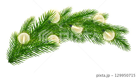 Realistic Christmas coniferous branch, spruce twigs with string of warm lights. Fir branch with electric light bulbs garland for holiday atmosphere, Xmas, New Year festive designs. Vector illustration 129950715