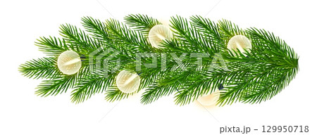 Christmas border of realistic green fir tree, coniferous branch, spruce twigs with bright lights. Vector Christmas tree branches with garland round bulbs for holiday New Year, Xmas, festive designs Christmas border of realistic green fir tree, coniferous branch, spruce twigs with bright lights. Vector Christmas tree branches with garland round bulbs for holiday New Year, Xmas, festive designs 129950718