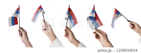 The Serbia flag in hand in different angles on a white background The Serbia flag in hand in different angles on a white background 129950834