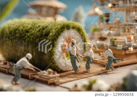 寿司職人がお寿司を作っている（ジオラマ） 129950838
