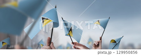 Saint Lucia flags in their hands on a blurred urban background Saint Lucia flags in their hands on a blurred urban background 129950856