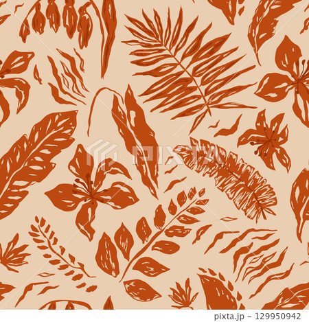 Brown tropical boho seamless pattern. Vector dry palm leaves texture. Organic ethnic design, beach background Brown tropical boho seamless pattern. Vector dry palm leaves texture. Organic ethnic design, beach background 129950942