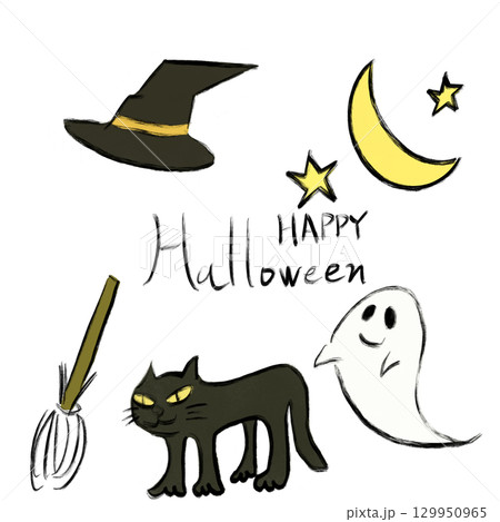 ハロウィンの黒猫とおばけのかわいいイラストセット ハロウィンの黒猫とおばけのかわいいイラストセット 129950965