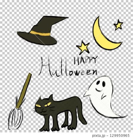 ハロウィンの黒猫とおばけのかわいいイラストセット ハロウィンの黒猫とおばけのかわいいイラストセット 129950965