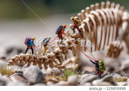 巨大な恐竜の白骨標本でロッククライミングをしている様子(ジオラマ) 巨大な恐竜の白骨標本でロッククライミングをしている様子(ジオラマ) 129950998