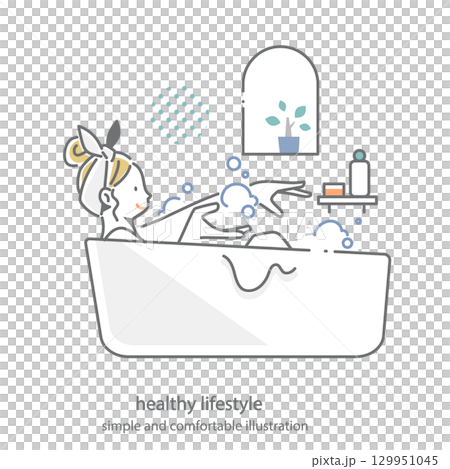 A woman relaxing and enjoying bath time - simple and stylish line drawing illustration 129951045