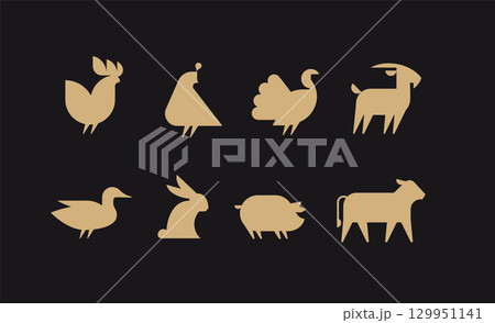 Farm animals icon set beige black Farm animals icon set beige black 129951141