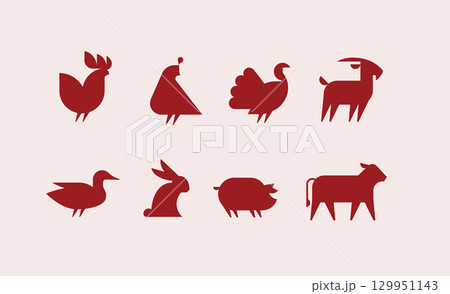 Farm animals icon set beige light red 129951143