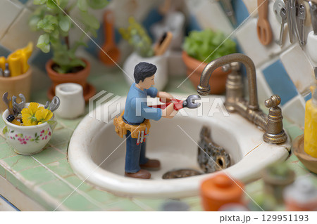 シンクの水道工事の作業風景(ジオラマ) シンクの水道工事の作業風景(ジオラマ) 129951193