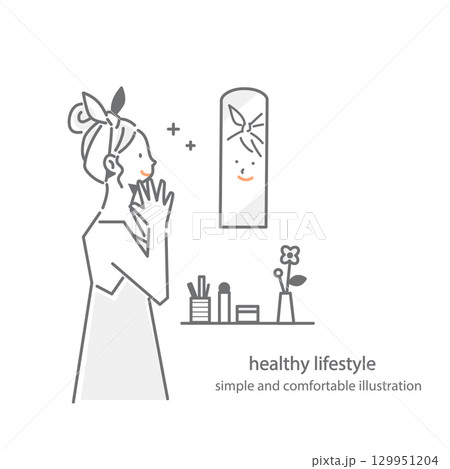 洗面所で笑顔でスキンケアをする女性　シンプルでお洒落な線画イラスト 129951204