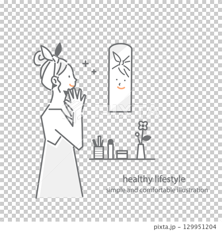 洗面所で笑顔でスキンケアをする女性　シンプルでお洒落な線画イラスト 129951204