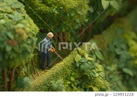 垣根の植栽の手入れをしている作業員（ジオラマ） 129951228