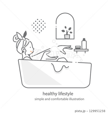 リラックスしてバスタイムを楽しむ女性 シンプルでお洒落な線画イラスト リラックスしてバスタイムを楽しむ女性 シンプルでお洒落な線画イラスト 129951238