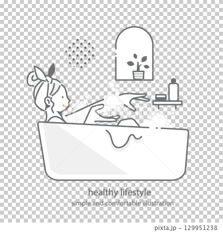 リラックスしてバスタイムを楽しむ女性 シンプルでお洒落な線画イラスト リラックスしてバスタイムを楽しむ女性 シンプルでお洒落な線画イラスト 129951238