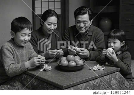 昭和の情景　炬燵でみかんを食べる家族 129951244
