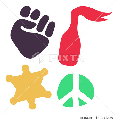 Collection of handwritten decorative design elements hand drawn in trendy style-fist, sheriff's badge, peace, Molotov cocktail. Colorful vector illustration for T-shirt print, sticker, poster, ect. 129951289